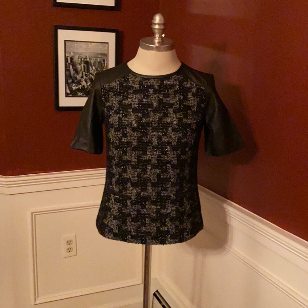 Metallic boucle blouse with leather sleeves
